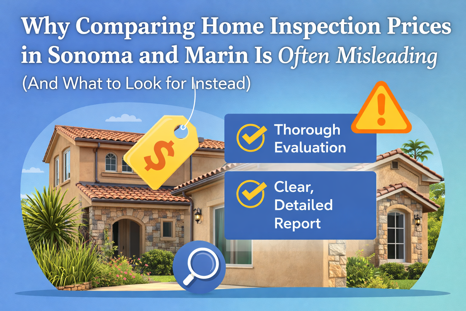 Graphic showing why comparing home inspection prices in Sonoma and Marin County can be misleading with focus on thorough evaluation and detailed reports