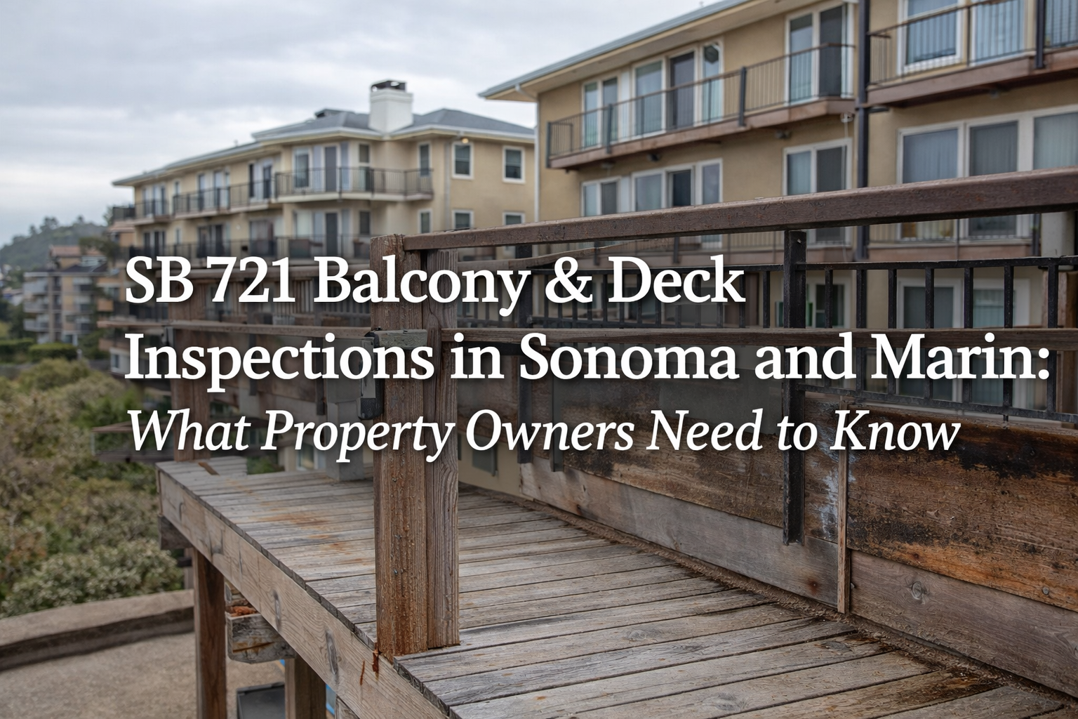 SB 721 balcony and deck inspection on multifamily building in Sonoma County showing exterior elevated elements with visible wear