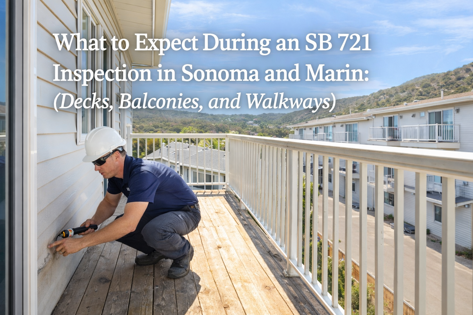 Inspector performing SB 721 balcony inspection on multifamily property in Sonoma County evaluating exterior elevated elements